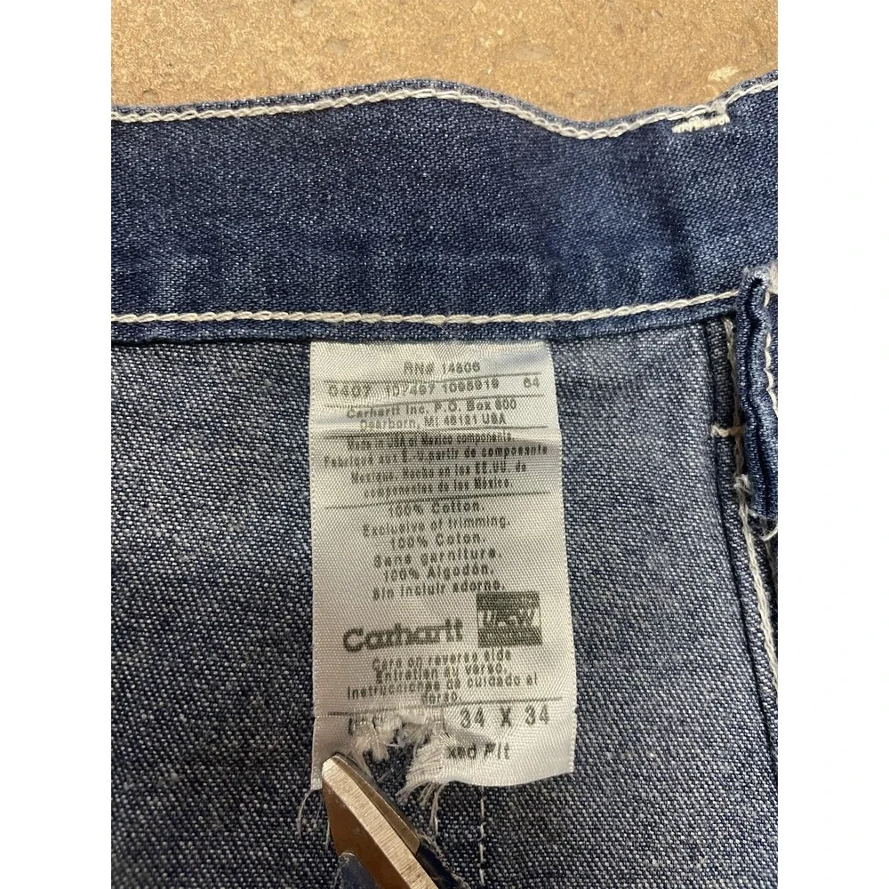 Carhartt Jeans Mens 34x34 Blue Washed Denim Work Dungaree Carpenter‎ Made USA
